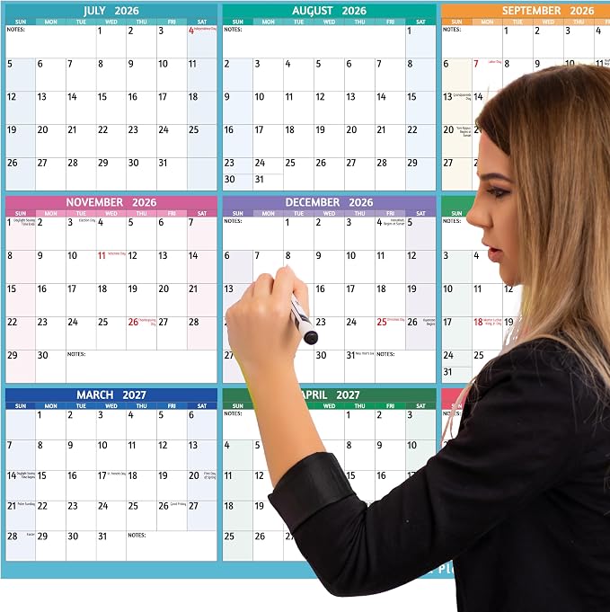 Yearly Wall Calendar 2026-2027 - Large Yearly Calendar, Jul 2026 - Jun 2027, 38.2" x 25.2" (Open), 2026-2027 Calendar, Large Wall Calendar, Full Year Paper Calendar with Notes, Thicker Paper ā Multi