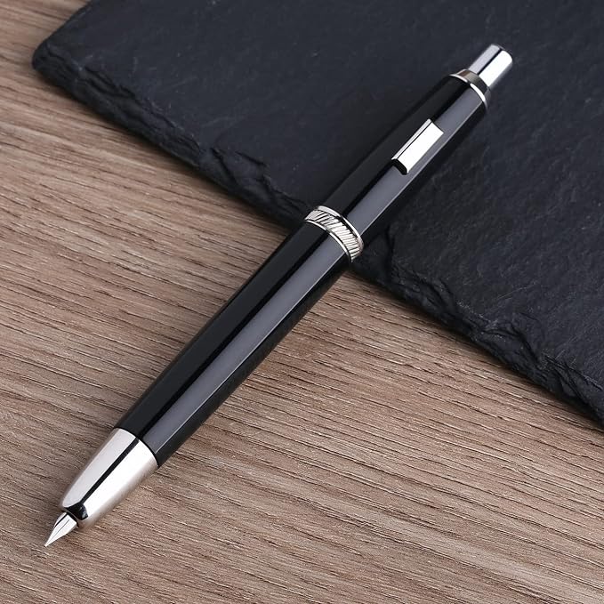 erofa Majohn A1 Press Fountain Pen with Box, Retractable Extra Fine Nib Metal Vivid Black Ink Pen with Converter for Writing (No Clip Version)