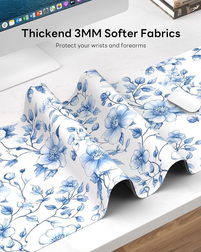 Floral Mouse Pad, 31.5 x 11.8 Large Desk Mat with Stitched Edges & Non-Slip Base, Mousepad for Office, Home, Work, Blue White Flower