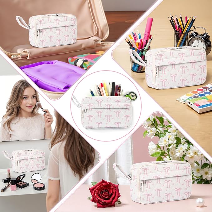 WOBAGMEN Quilted Pencil Pouch for Girls Women, Large Pencil Case Pouch with Compartments Cute Aesthetic Pencil Case Organizer, Floral Pencil Bag for School Supplies (Pink Bow)