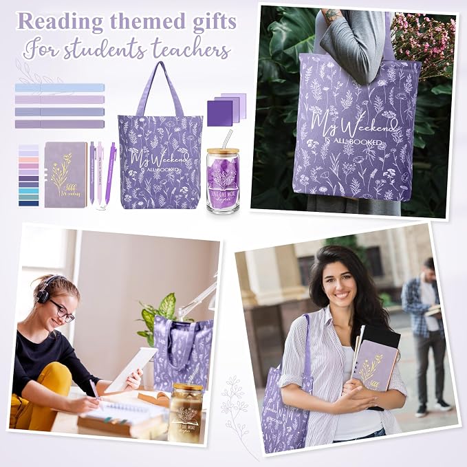 Havawish 14 Pcs Book Lovers Gift for Women 16 oz Glass Cup Tote Bag A6 Journal Notebook Pens Highlighters Sticky Notes Back to School Teacher Librarian Bookish Book Club(Purple,Aesthetic)