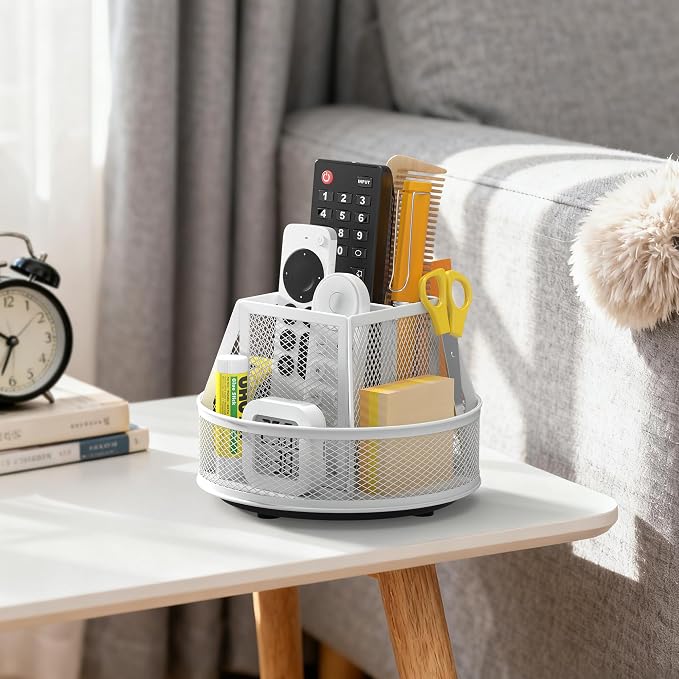 Docnest 360°Rotating Mesh Desk Organizer,6-Compartment Pen Holder,White | Heavy-duty metal holder with removable divider. Space-saving stationery storage for pencils, scissors & markers