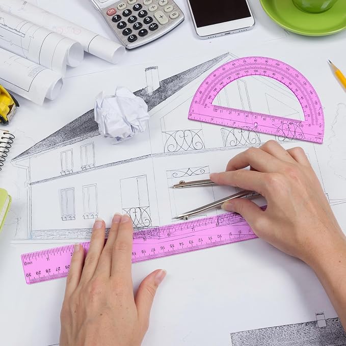 Zonon 2 Pcs 12 Inch Clear Ruler and 6 Inch Plastic Protractor Set, Dual Scale Inch/Cm Math Geometry Measuring Tools for Back to School Students Teachers Classroom Office Drafting Use(Pink)