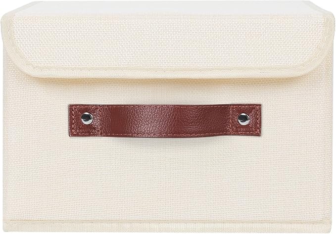 ANMINY 2PCS Storage Bin with Lid Storage Boxes with PU Leather Handles PP Plastic Board Decorative Foldable Lidded Cotton Linen Fabric Home Cubes Baskets Closet Organizer Container - Beige, Medium