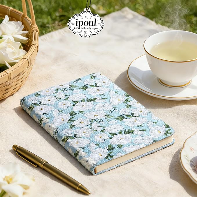 Floral Notebook, Cute Journal, A5, 8x6, Wide Rule, Lined Notebook, Diary for Women, Blue Notebook, Hard Cover Journal Notebooks, Lay Flat, Pretty Notebook, Writing Journal, White Gardenia