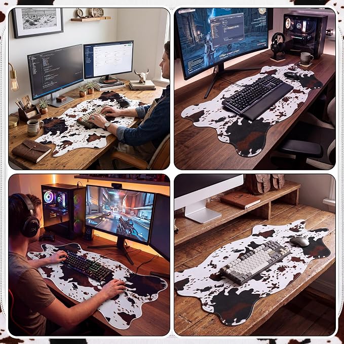 Sabary Large Cow Print Desk Mat Cowhide Leather Print Desk Mat Western Cowboy Rug Gaming Mouse Pad Irregular Shaped Animal Decor for Laptop Computer Office Home Desktop Decor 31.5" x 15.8"