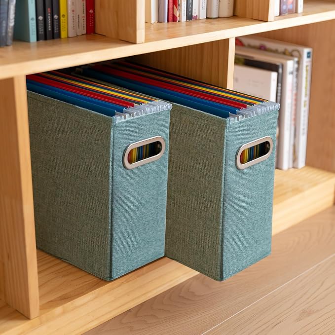 2 Pack Letter Size File Storage Box Collapsible,Fabric Hanging File Folders Organizer, Portable Office Document Holder with Metal Handle, Smooth PVC Rails, Green