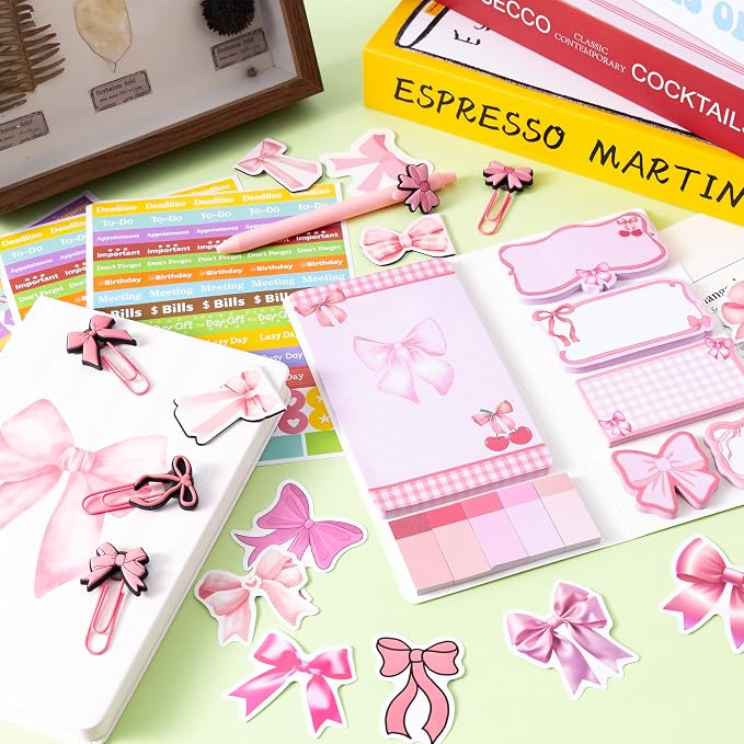 Xqumoi Coquette Pink Bow Stationery Gift Set - Sticky Note A5 Hardcover Ruled Journal Notebook with Planner Sticker Magnet Bookmark Paper Clip Gel Ballpoint Pen for Birthday School Office Supplies