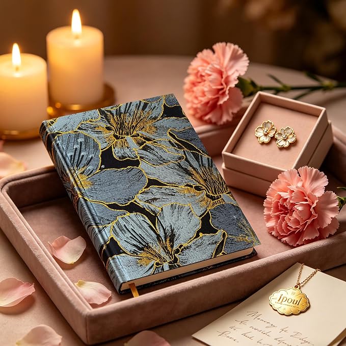 ipoul Floral Notebook, A5, 8x6, Wide Rule, Lined Paper, Journal for Women, Hard Cover, Lay Flat, Pretty, Writing Journal, Navy Blue, Hibiscus, Gift for Mother, Grandma