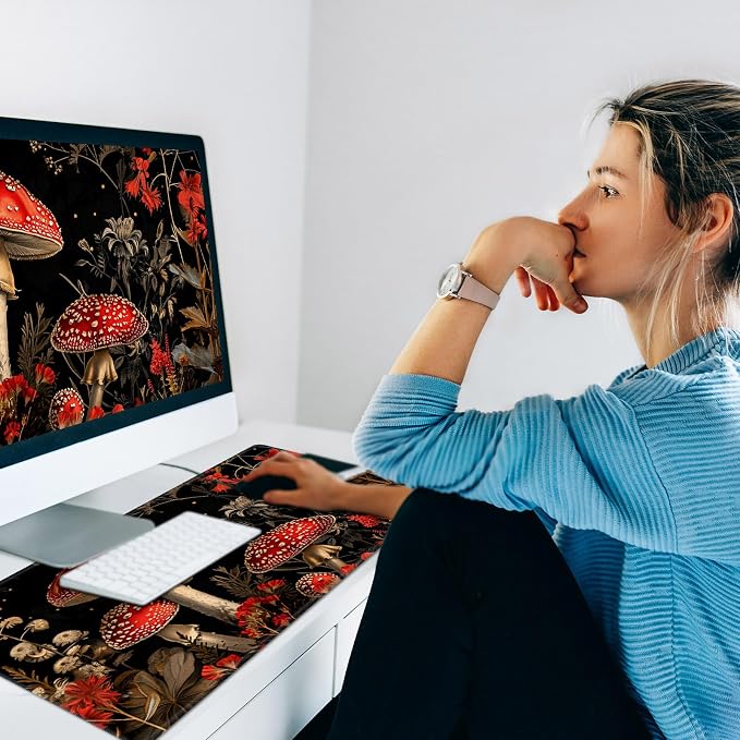 Warm Desk Pad,Heated Desk Pad,Office Mat,3 Heating Levels & 3 Hours Auto Shut-Off,31.5"*13" Gaming Mouse Laptop Keyboard Leather Desk Mat,Red Mushroom Forest