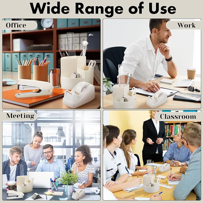 Marspark Beige Desk Accessories Office Supplies Set, 12 Pcs | 360° Rotating Pen Holder, Stapler, Tape Dispenser, Scissor, Sticky Notes, Binder Clips, Desk Organizers Gift for School