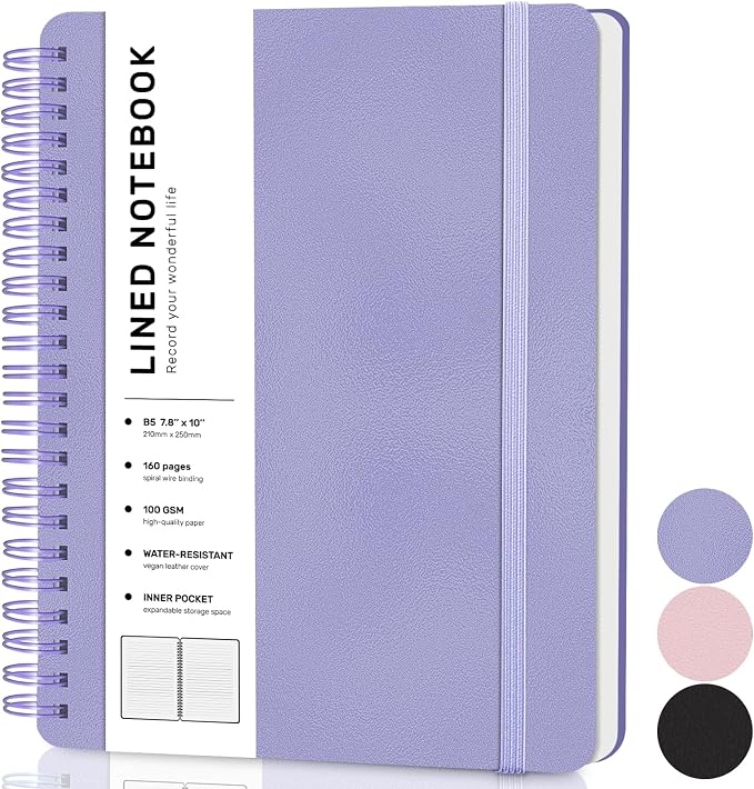 Lined Spiral Journal Notebook with 160 Pages, 7.8×10in, B5 Spiral Notebook, Journaling Notebooks for Work, School, Women, Men, College Ruled Spiral Notebook, Hardcover Leather Journals, Purple