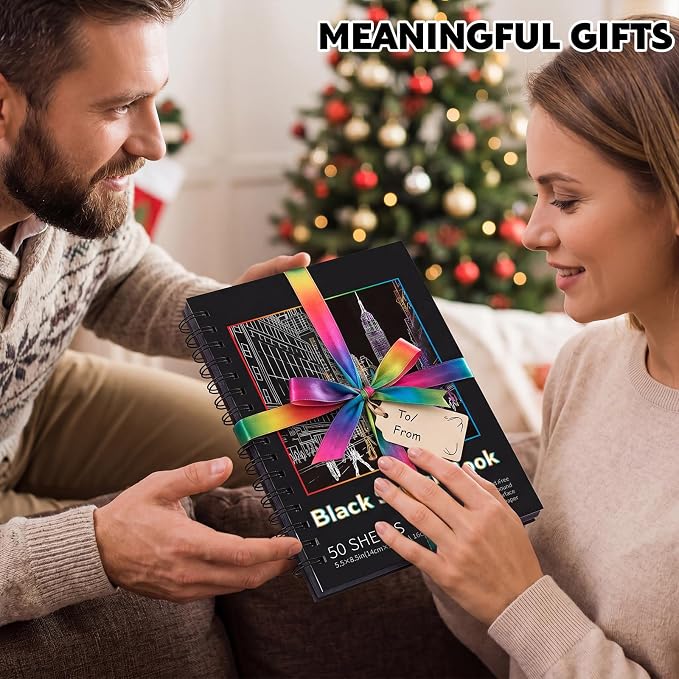 Black Paper Sketchbook 2 Pack, 5.5 × 8.5 in, 100 Sheets, Spiral Bound | 160gsm Acid-Free Black Paper, Sturdy Spiral Binding, Clean Tear-Out Pages, Ideal for Colored Pencils, Chalk, And Gel Pens