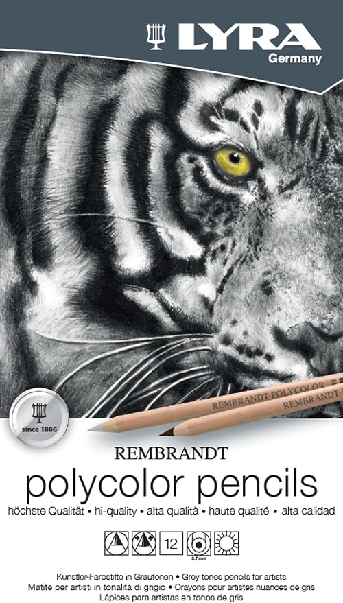 Lyra Rembrandt Polycolor Art Pencils, Set of 12 Pencils, Assorted Greys (2001122)