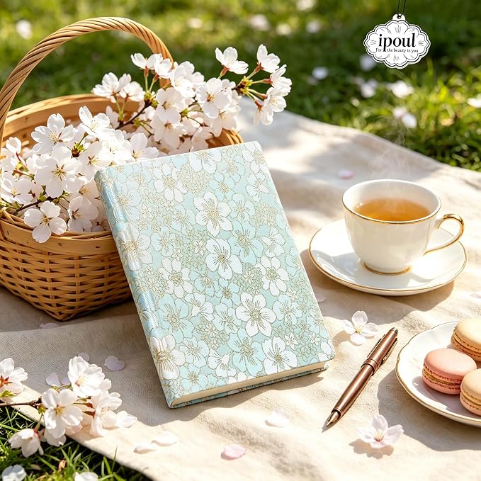 Blue Notebook, Beautiful Writing Journal for Women, A5, Hardcover, Lay Flat, Ruled Paper, Cherry Blossom Flowers, Cyan