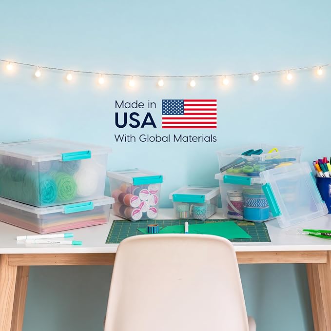 IRIS USA 2 Qt. Craft Storage Bins with Lids, 6-Pack, |Made in USA|, Clip Box, Small Plastic Sensory Bin Tote Organizer Containers for Art Supplies, Paper, & Office, Stackable - Clear/Seafoam Blue