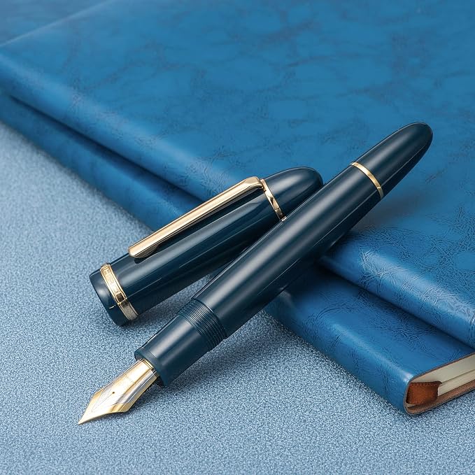 Jinhao X159 Dark Blue Acrylic Fountain Pen, Size 8 Medium Nib Gold Trim Classic Design Smooth Writing Pen with Converter