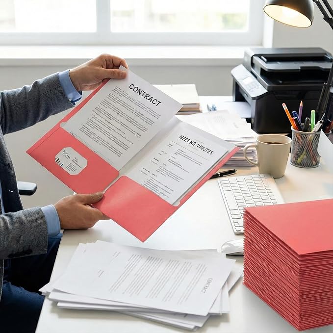 Zzrywuty File folders with Pockets,Pink Two folders for documents,50 Pack Paper Folders with Card Slot,Letter Size,School Students,Business,Home and Office Workers