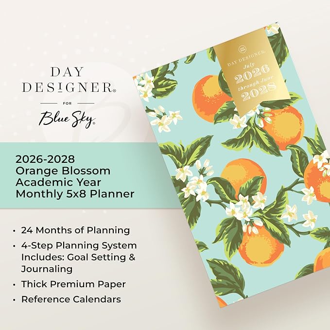 Blue Sky Day Designer 2026-2028 Monthly Academic Year 24 Month Planner Calendar, July 2026 - June 2028, 5" x 8", Flexible Cover, Stapled Binding, Orange Blossom Mint
