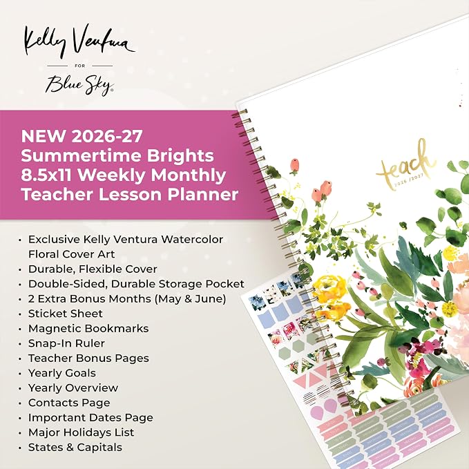 Blue Sky 2026-2027 Weekly & Monthly Academic Planner, 8.5"x11", Summertime | July 2026 - June 2027, Flexible Cover, Wirebound, Laminated Tabs, Storage Pocket, Stickers, Academic Year, Kelly Ventura