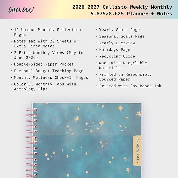 Blue Sky 2026-2027 Weekly & Monthly Academic Planner, 5.88"x8.63", Callisto | July 2026 - June 2027, Flexible Cover, Wirebound, Laminated Tabs, Storage Pocket, 20 Extra Notes Pages, WAAV