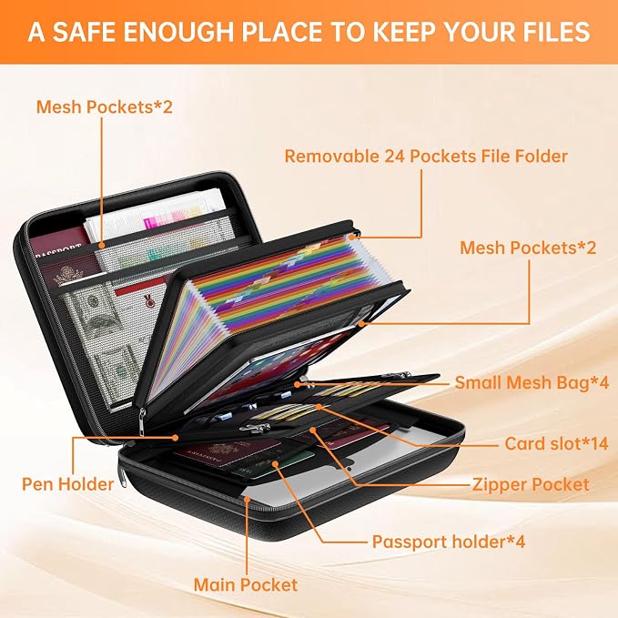 ENGPOW Fireproof Document Box with Lock & 25-Pocket Accordion File Folder | Fire & Water Resistant,Hard Case File Organizer with Handle,Portable Home Office Safe Storage for Important Documents,Laptop