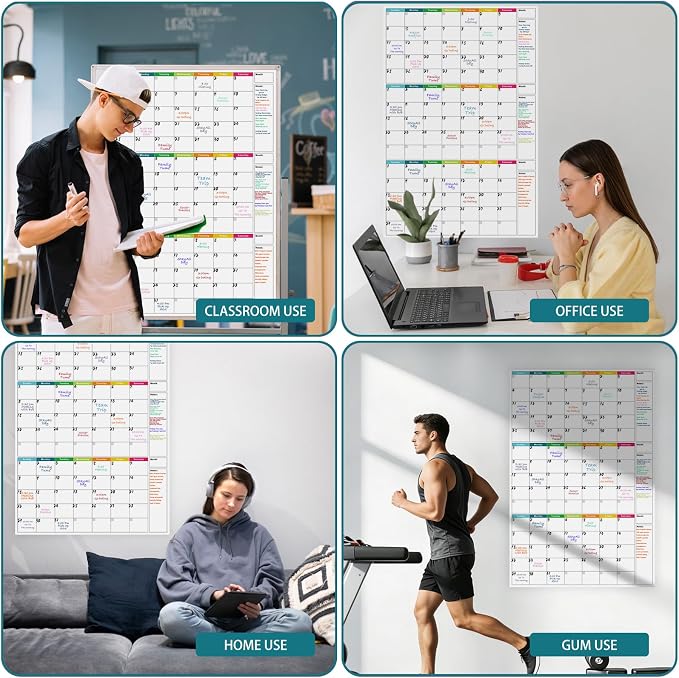 Dry Erase Calendar for Wall 24x36in Undated 3 Month Celendar with 4 Markers | Colorful Layout Reusable PET Erasable Surface, Large 3-Month View, Easy to Write and Wipe Clean
