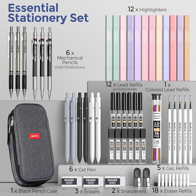 Nicpro School Supplies Stationary Set with Pencil Case, 50 PCS Black | Back to Schoo Supplies, Pen Case with 12 Highlighter, 5 Gel Pen, 6 Mechanical Pencil, Essentials for College, Nursing Student