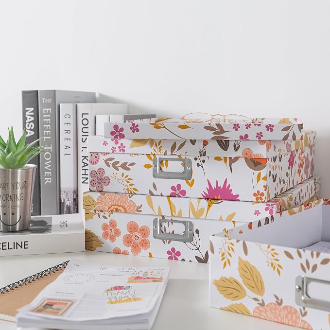 Soul & Lane - Keepsake Storage Boxes with Lids, Set of 3, Floral Collage | Decorative Cardboard Document Box Set for Photos, Scrapbooks and Memories, Large Pretty Letter Organizers for Organizing