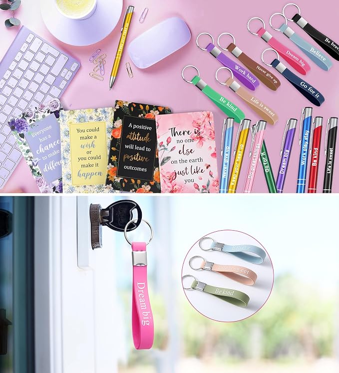 PerKoop 48 Pcs Inspirational Gifts Bulk Motivational Notepads Ballpoint Pens Keychains Set Floral Flower Journal Notebooks Christian Gifts for Teachers Office Party Favor Supplies