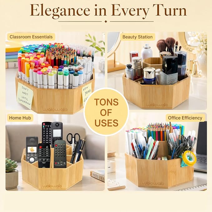 walowalo Bamboo Rotating Art Supply Organizer Caddy Holds 800+ Pencils Spinning Crayon 160 Marker Holder Desk Brush Colored Pencil Storage for Office Classroom Organization Stationary (Larger VER)