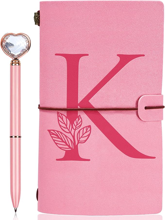 Personalized Journal Gift-Pink Initial Leather Journal+Heart Diamond Pen Set,Travel Notebook Diary Gifts,Refillable Notepads,Christmas,Birthday Gifts for Women Girls (7.9"x4.7") (K)