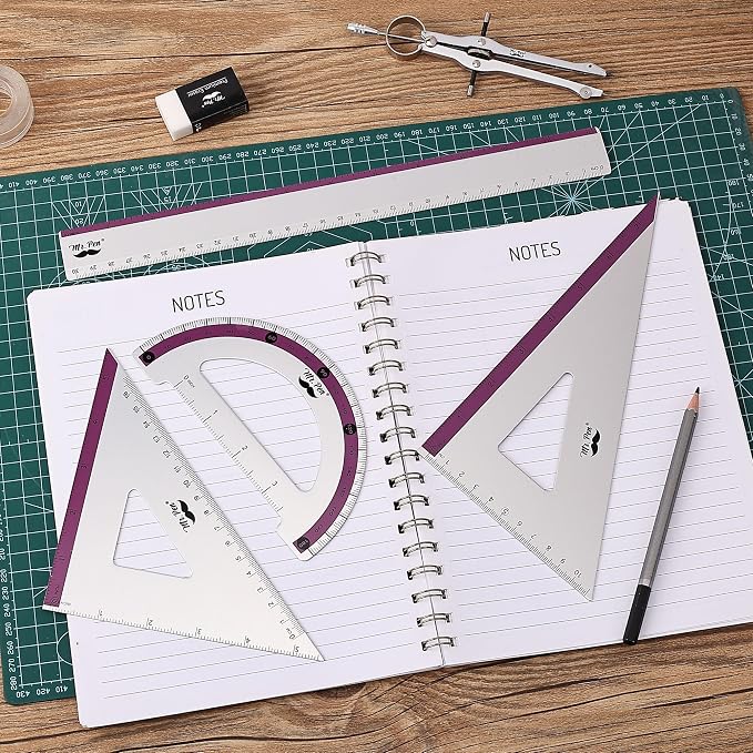 Mr. Pen- Metal Geometry Kit, 4 Pack, 45° & 30°/60° Set Squares | 6" Protractor & 12" Ruler, Durable Metal Drafting Tools for Technical Drawing, Math, Engineering & Architecture
