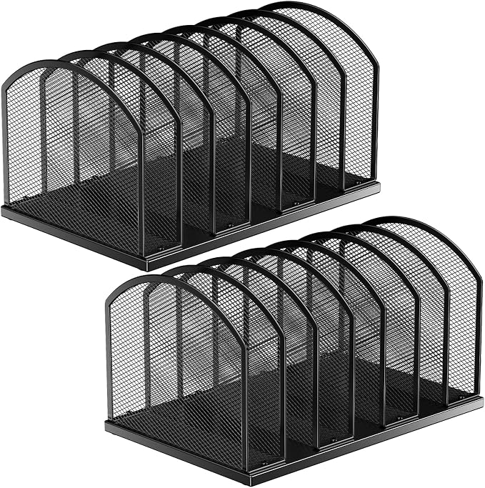 2 Pack 7-Section Metal Upright File Sorter Organizer,Office Small Letter Sorter Desktop File Organizer Metal Mesh Iron Sole, Black