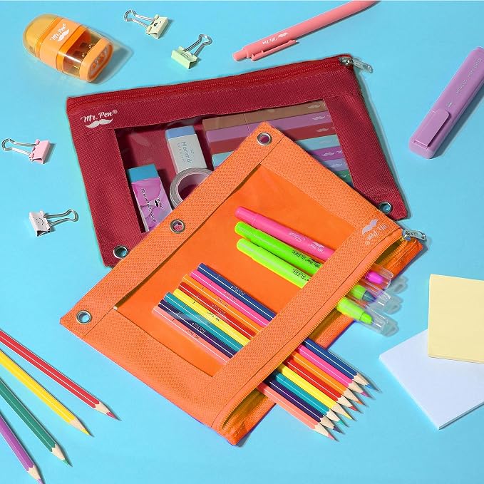 Mr. Pen- Pencil Pouch for 3 Ring Binder, 2 Pack, 10"x6.75", Smooth Zipper | Clear Window, Large Capacity Pencil Case with 3 Reinforced Grommets for School, Office, Supplies Storage | Clear Window, Large Capacity Pencil Case with 3 Reinforced Grommets f...