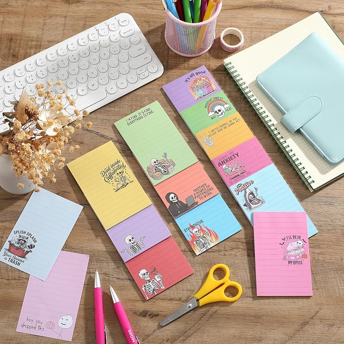 12 Pack Funny Notepads, 5x3 Inches Sarcastic Note Pads Memo Fun Office Gifts for Coworkers Work Women Men Employee Teacher Boss Desk Accessories Gifts(Skull,Multicolor)