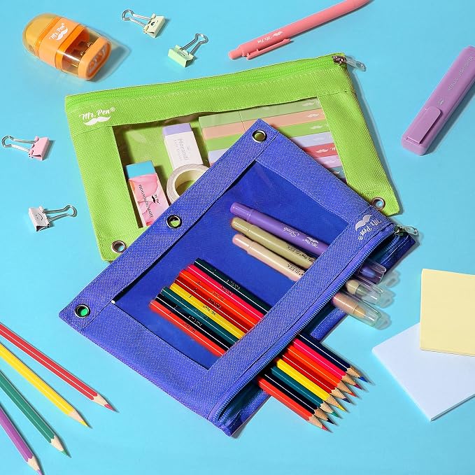Mr. Pen- Pencil Pouch for 3 Ring Binder, 2 Pack, 10"x6.75", Smooth Zipper | Clear Window, Large Capacity Pencil Case with 3 Reinforced Grommets for School, Office, Supplies Storage | Clear Window, Large Capacity Pencil Case with 3 Reinforced Grommets f...