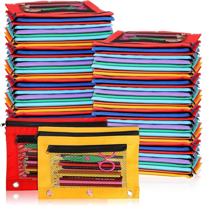 Zhehao 150 Pieces Zipper Binder Pencil Pouches 3 Ring Binder Zipper Pouches Case with Window Ring Pencil Bags Case or Office School Students Supplies(2 Zipper,Colorful)