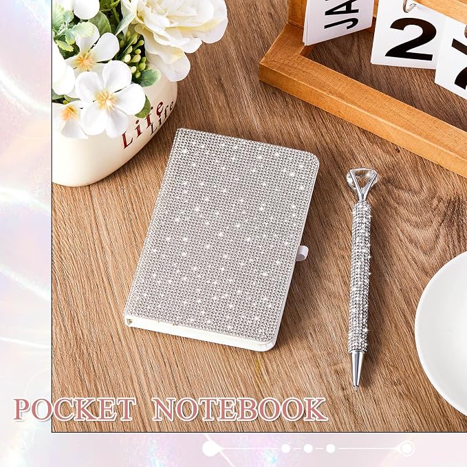 Rhinestone Pen & Glitter Notebook Set, Hard Cover Bling Diary Journal for Girls, Cute School Supplies for Back to School, Sparkly Desk Accessories Gift for Women(Rhinestone,A6,White)