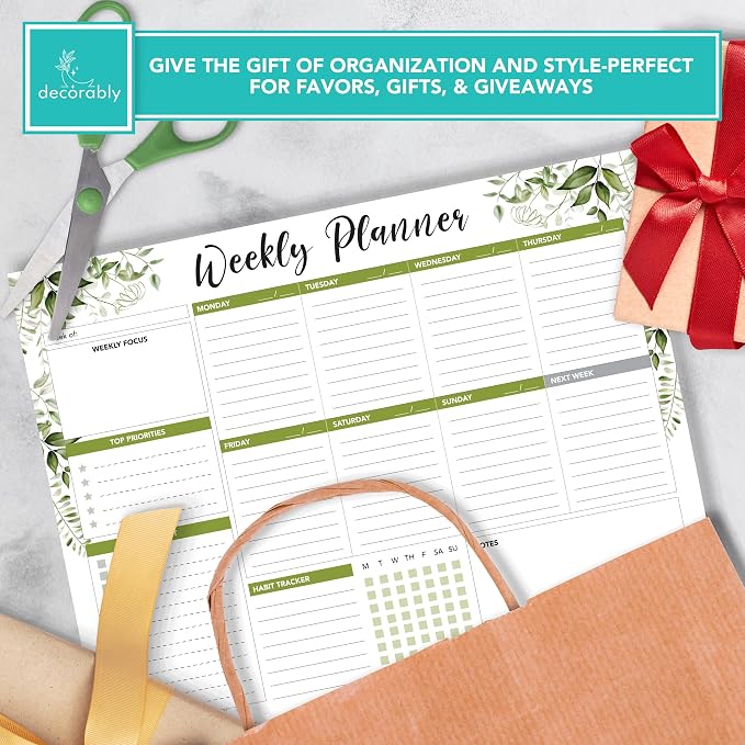 Decorably 52 Sheets Forest Green Undated Weekly Planner Tear Off Pad - 11x8.5in Spring-Bound Desk Notepad, for Focus, Priorities, to-Do List, Habit Tracker, Agenda, Notes - Home, School, Office