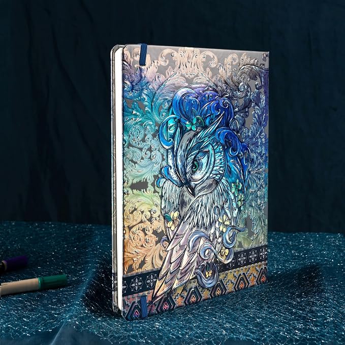 MGGAO B5 Lined Journal Notebook, Aesthetic Owl Embossed, Hardcover | Wide Ruled, 6.8" X 9.1", 192 Pages, Ribbon, Elastic Band, For Women & Men, For School & Office, Writing & Note Taking