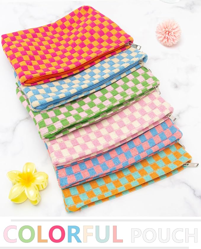 Checkered Makeup Bag for Purse, Small Flat Cosmetic Pouch,Blue Beige | Cute Zipper Makeup Organizer for Women, Travel Essentials, Toiletries, Makeup Brushes, Beauty Accessories&Bridesmaid Gifts