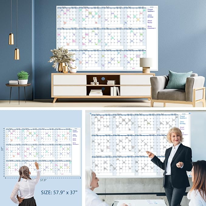 Large Dry Erase Calendar for Wall ā Yearly Wall Calendar Dry Erase, 37" x 57.9", 12-Month Undated Blank Calendar Planner, Reusable Laminated Task Organizer with Note, Great for Office, Classroom, Home