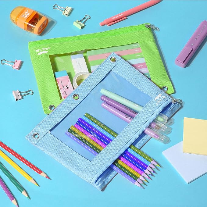 Mr. Pen- Pencil Pouch for 3 Ring Binder, 2 Pack, 10"x6.75", Smooth Zipper | Clear Window, Large Capacity Pencil Case with 3 Reinforced Grommets for School, Office, Supplies Storage | Clear Window, Large Capacity Pencil Case with 3 Reinforced Grommets f...