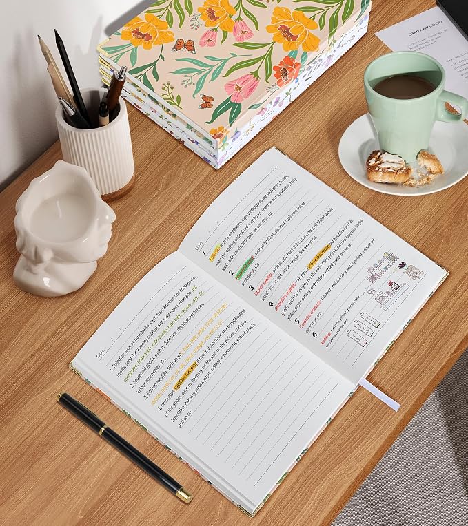 Lined Journal Notebook for Women, A5 Hardcover Leather Journaling Notebooks for Writing, 200 Pages Travel Journal, College Ruled Notebook for Work School, Note Taking 5.75'' X 8.38'' Yellow Floral