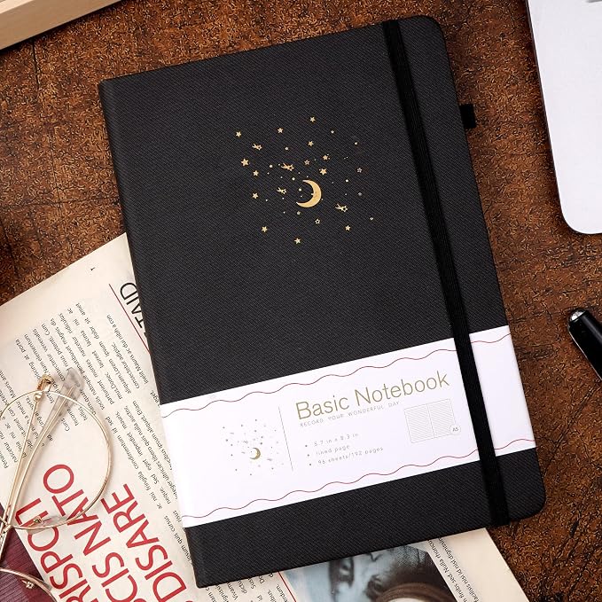 CAGIE Journal Notebook for Women Men, Hardcover Lined Notebooks Journals for Writing Work Journaling Note Taking Diary with Pen Loop (Black Ruled), Gifts, 5.7" x 8.3", 196 Pages