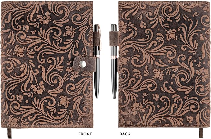 moonster Leather Journals for Women for Writing - Flower Journal, Refillable Leather Bound Journal - Vintage Leather Notebook Journal, 320 Lined Pages A5 with Metallic Grey and Rose Gold Luxury Pen
