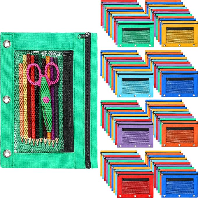 Zhehao 100 Pcs Zipper Binder Pencil Pouches:3 Ring Binder Pencil Pouches with Zipper Window Bulk Clear Pen Bags Case for Office School Classroom Supplies(Double Layer with Mesh Layer,7 Colors)
