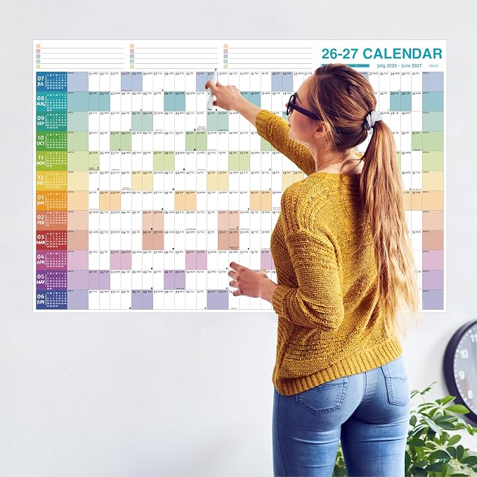 Yearly Wall Calendar 2026-2027 - Large Yearly Calendar 2026-2027, Jul 2026 - Jun 2027, 38.2'' x 25.2'' (Open), 12 Months, Thick Yearly Wall Calendar with To-do Lists, Notes, Stickers, All At One Page