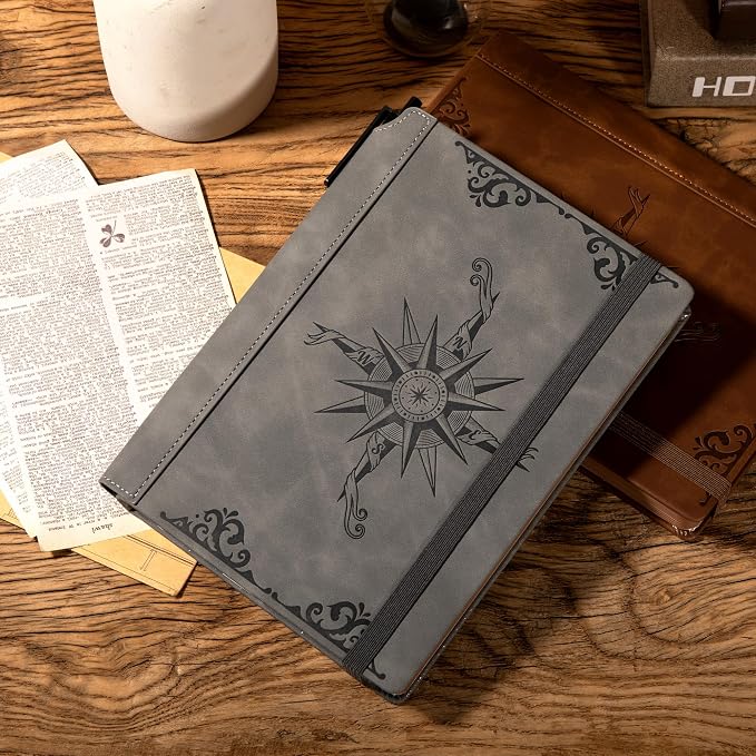 CAGIE Compass Leather Journal Gift for Men - Vintage Writing Notebook with Pen, 100 GSM 288 Page Lined Journal A5 Hardcover, 180° Lay Flat, Daily, Travel, Office & Gift Idea